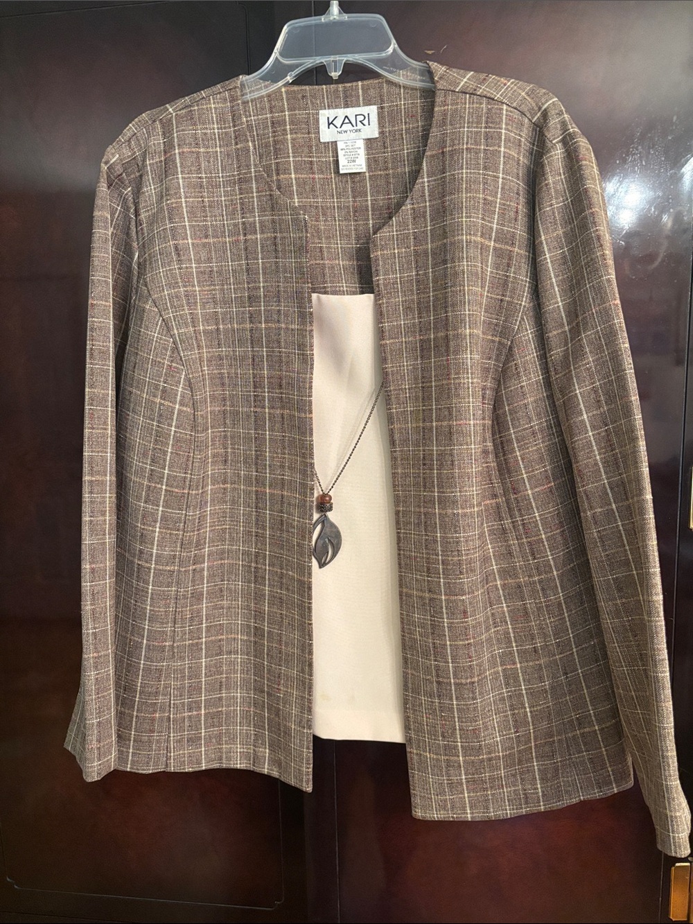 Kari New York Size 22W Brown Plaid Women's Collarless Jacket